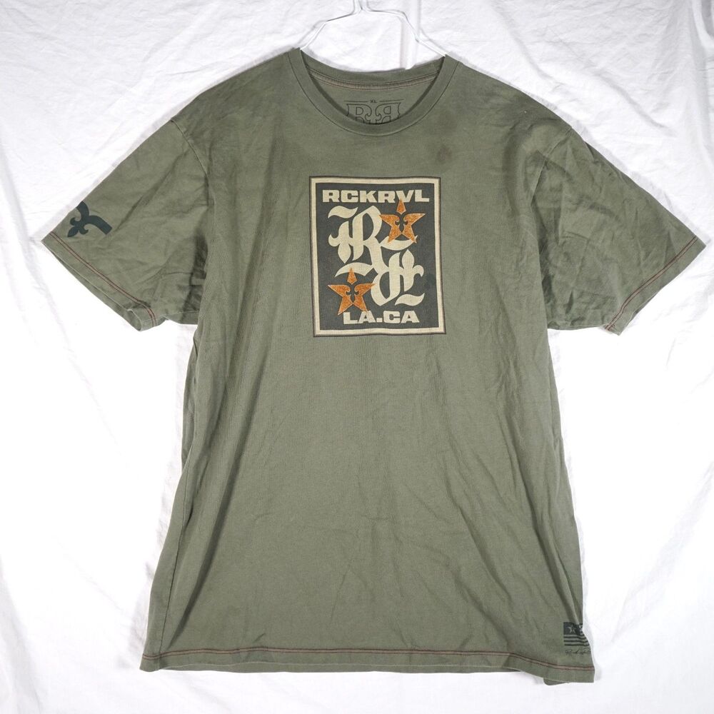 Rock Revival Graphic T-Shirt Olive Green Logo Men's XL